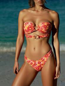 2 件套女式花卉印花无肩带比基尼套装，带金属环装饰，百搭简约休闲海滩、派对、度假泳装，适合夏季度假 - 彩色 - 查看 1
