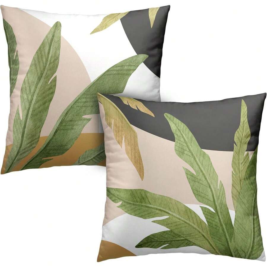 2PCS Green Leaf Spring Summer Pillow Case Geometric Palm Tree Pillow Case Modern Home Decor Room Tropical Outdoor Decor Sofa Bed Pillowcase With One Side Without Pillow Core - Multicolor - View 1