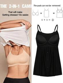 Summer Tank Tops Women Cami With Built In Bra Cup Casual Flowy Swing Pleated Plus Size Camisoles Vest Vacation Outfits  Fashion Clothes - 黑色&紐扣 - 查看 4