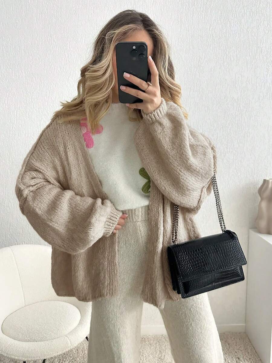 女士秋季休闲时尚开衫，法式宽松针织毛衣，超大，可爱，返校，美式长衬衫，教师，70 年代复古毛衣，通勤，极简主义，办公室穿着，复古，简单，法式，纯色针织衫，秋季上衣老款风格，卡其色，教师毛衣，落肩长袖，女士休闲落肩长袖开衫毛衣，适合外套 - 棕色 - 查看 1