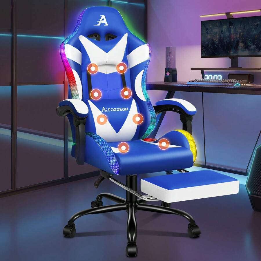 ALFORDSON Gaming Massage Chair, Massage Racing Chair With LED, Ergonomic Desk Chair With 150° Tilt, Retractable Footrest, PU Leather, Height Adjustable, 180 Kg Load Capacity