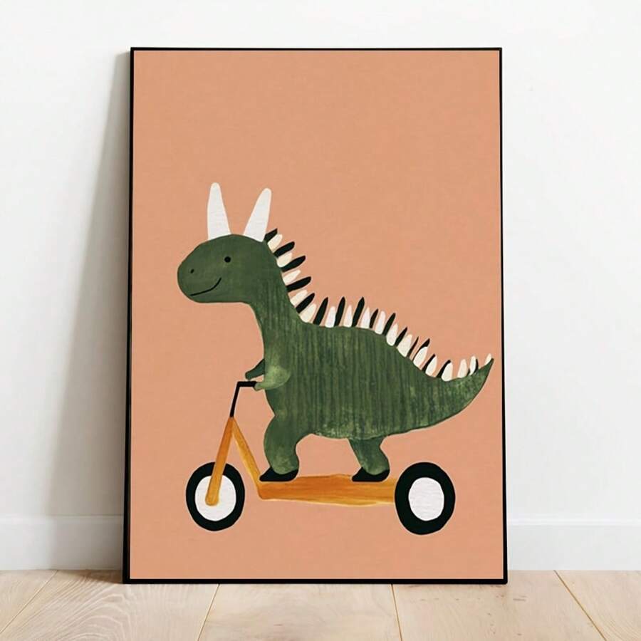1 pièce Œuvre murale sur canevas classique de dinosaure, taille 11,8 x 15,7 pouces, peinture de décoration de chambre amusante, affiche de chambre d'enfant, convient pour les thèmes de vacances, sans électricité ni plumes, œuvre murale encadrée - Multicolore - Voir 1