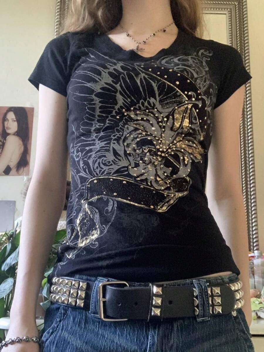 Women Y2k Fairy Grunge Summer Tops Short Sleeve Crew Neck Rhinestone Slim Fit T Shirt Graphic Printed Tees Vintage Gothic Aesthetic Emo Clothes E-Girl Streetwear 2000s - 黑色 - 查看 1