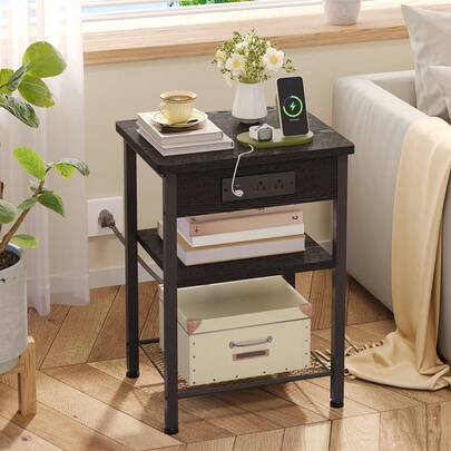 Tomnk End Table With Charging Station, Bedside Table With Fabric Drawer, Night Stand With Storage, 3-Tier Bed Side Table, End Table For Bedroom, Living Room