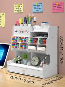 1pc Multifunctional Desktop Storage Box DIY Pen Holder, Stationery Organizer, Large Capacity, Pen Box With Drawer, Suitable For Home, Office And School, Suitable For Students, Plastic Design, Assembly Required, Suitable For Graduation Gift - White - View 13