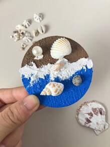 1pc Handmade Textured Colorful Ocean Theme Fridge Magnet, Natural Seashell 3D Relief Seascape Wave Fridge Decor, Suitable For Home Decoration, Daily Use And Holiday Gifts, Seaside Travel Souvenir