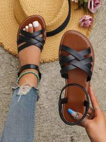 女士平底厚底交叉可调节带纯色凉鞋，百搭宽松休闲舒适轻便简约优雅沙滩鞋 - 黑色 - 查看 1