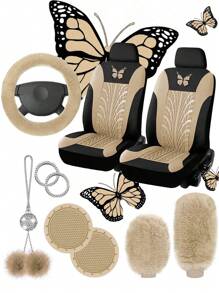1 set accessoires d'intérieur de voiture pour femmes : housses de siège avant motif papillon mignon, couvre volant/frein à main/pommeau de vitesse en peluche, décoration suspendue de rétroviseur en peluche et strass, 1 paire de porte-gobelets en silicone, accessoires d'intérieur de voiture roses