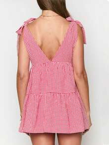 Women Y2K Tie Shoulder Mini Dress Bow Ruffle Flowy Babydoll Dress Floral Boho Sundress Summer Going Out Dress - Đỏ - Xem 3