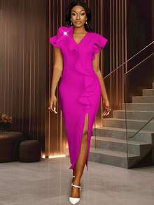 Long Dresses V Neck 3D Flower Ruffles Elegant Party Wedding Guest Gowns, For Cocktail - Hot Pink - View 1