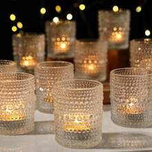 [12pcs/Set] Wish Glass Candle Holders, 2"X1.5"X2.5" Transparent Dotted Textured Lead-Free Thick Glass Small Night Light Candle Cups, Holiday Decorations (Valentine's Day/Christmas/Birthday/Wedding/Home Decor) Ins Style Ritual Sense Candle Holders, Party Table Decor