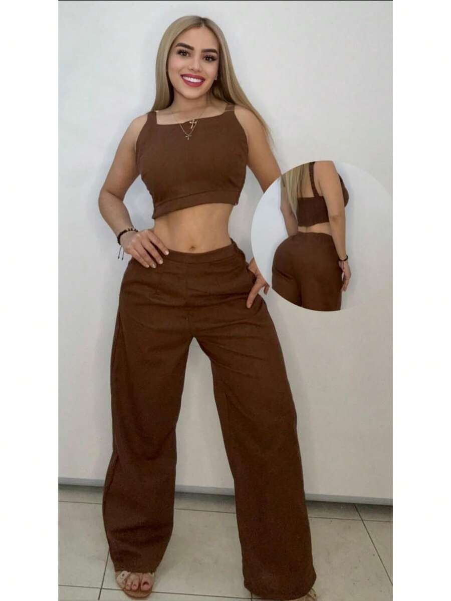 Conunto Lino de dos piezas LisoEleganteNudoBolsillo - Camel - Ver 1