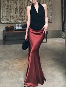 女士时尚性感缎面高端裙子，酒红色，优雅