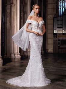 QOQ Vestido de novia romántico de alta gama para bodas de verano, vestido formal de mujer para bodas dulces, fiestas de moda, bodas al aire libre. Vestido de novia blanco con hombros descubiertos y sin tirantes con encaje