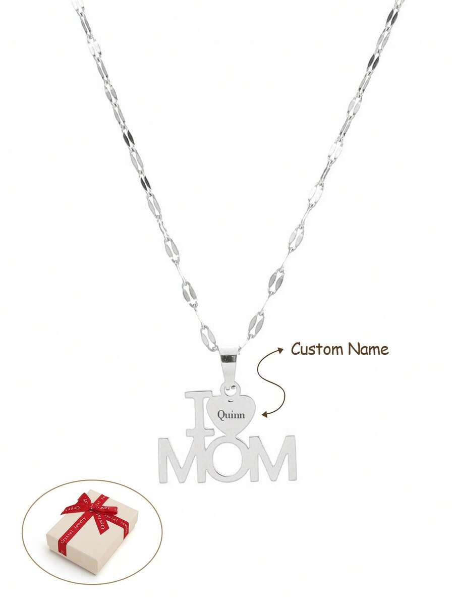 Custom "I Love Mom" Mother's Day Necklace, Custom Name Necklace, Gift Box Packaging Accessory - Silver - View 1
