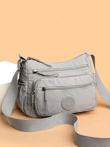 Casual Nylon Shoulder Bag With Adjustable Strap, Multi-Compartment, Solid Color, Zipper Closure, Polyester Lining, Lightweight & Versatile Cross-Body Bag For Everyday Use - Grey - View 9