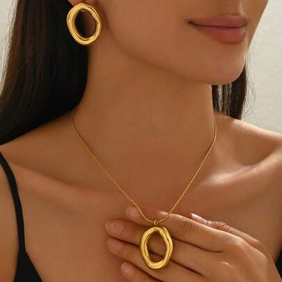 3 piezas Elegante conjunto de collar y aretes geométricos de círculo hueco para primavera/verano, joyería de moda suave y brillante, impermeable y sin decoloración, hipoalergénica, adecuada para el Día de la Madre, San Valentín, regalo de cumpleaños - Accesorios de vestir y regalos festivos