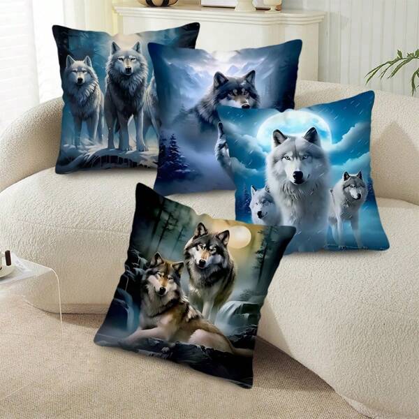 MEMNUN 1 pezzo, Federa cuscino con design contemporaneo di lupi - 45 cm, in tessuto di poliestere pelle pesca, stampa lupi monopatinata - Federe cuscini decorativi per divano - Tema animale - Per arredamento soggiorno e camera da letto - Adatto agli amanti degli animali, senza inserto cuscino