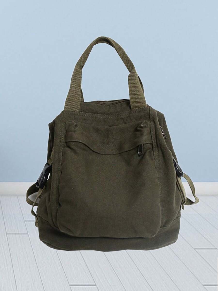 Large Capacity Solid Color Canvas Backpack For Women, Retro Rucksack With Multi Zipper Pockets And Double Top-Handle For Travel And World Cup Fan Trip - 綠色 - 查看 1