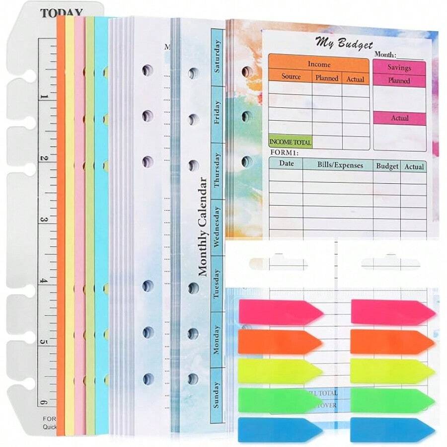 3 Pack A6 Planner Refill Paper & Budget Sheets, Monthly Weekly Planner Losse Leaf Inserts 6 Hole Expense Tracker Or A6 Planner Binder Cover Budget Bill Saving Organizer,Back To School, Colorful 3 Pack