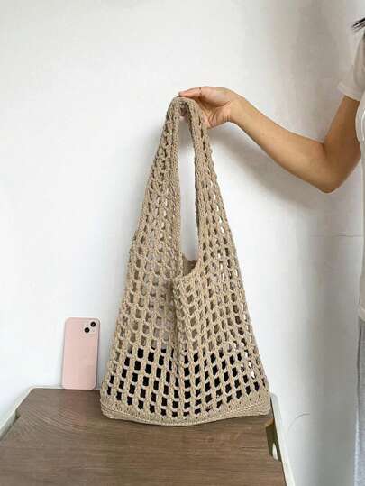 Borsa estiva da donna in maglia traforata, borsa a spalla semplice all'uncinetto, borsa leggera casual con motivo traforato all'uncinetto, stile vacanza per ragazze adolescenti e donne universitarie, perfetta per l'università, l'esterno, i viaggi, le uscite, le vacanze casual, la spiaggia, borsa a spalla, borsa a tracolla, borsa da spiaggia, borsa vacanza