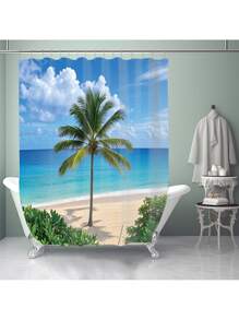 1pc/4pcs Tropical Seaside Beach Coconut Tree Printed Multifunctional Bathroom Decor Set, Includes Shower Curtain 12 Hooks, Anti-Slip Mat, U-Shaped Mat & Round Toilet Cover, For Whole Bathroom Back To School