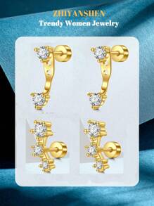 4 piezas Pendientes de cartílago para mujer de plata y oro, pendientes planos para tragus, helix, joyería para perforaciones, hipoalergénicos, pendientes apilables, pendientes de botón de oro para mujeres, pendientes para mujeres, pendientes de espalda plana, pendientes para el segundo orificio para mujeres