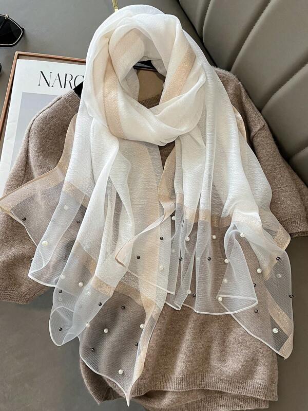 1pc Women's Elegant Faux Pearl Cutout Floral Pattern Pure Silk Scarf, Luxurious Solid Color Shawl & Wrap, Casual & Suitable For Daily Wear In Autumn/Winter