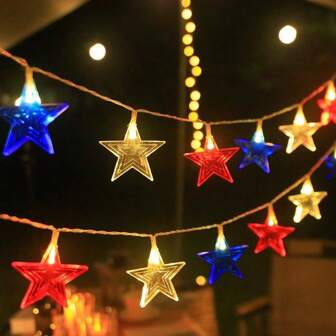 American Independence Day LED Red, White And Blue Star-Shaped Decorative Lights For Party Decoration And Garden Lighting.