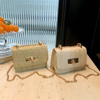 Bolso cuadrado mini, nuevo bolso de mano para mujer, bolso cruzado con cadena tejida y acolchado de diamante sofisticado, bolso compacto con solapa para maquillaje, bolso mensajero lindo, accesorio