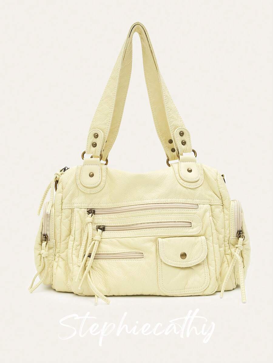 STEPHIECATHY 纯色水洗柔软PU人造革，拉链闭合，多口袋设计，双短肩带，可调节腰带，男女通用，时尚休闲实用，适合大学日常通勤、春夏度假及各种场合。