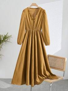 Elegant Women's Bohemian Linen Blend Maxi Dress - Casual V-Neck Long Sleeve, Solid Color With Pockets, Machine Washable, Suitable For All Seasons, Maxi Dress V-Neck Dress Woven Texture