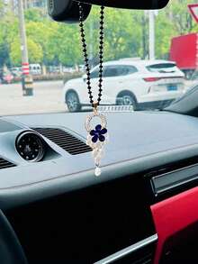 Synthetic Diamond Decorated Dark Blue Floral Round Ring Car Pendant, Auto Rearview Mirror Decor - Multicolor - View 3