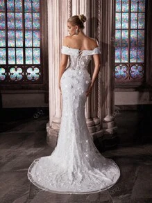 QOQ Vestido de novia romántico de alta gama para bodas de verano, vestido formal de mujer para bodas dulces, fiestas de moda, bodas al aire libre. Vestido de novia blanco con hombros descubiertos y sin tirantes con encaje