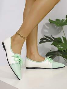 Minimalist Fashion Pointed Toe Flats For Women, Niche Design High Vamp Vintage Lace-Up Casual Shoes, Comfortable & Versatile, Non-Tiring - Light Green - View 8