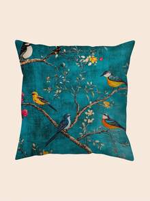 1件中国风绿色小鸟图案 - 17.7*17.7英寸柔软天鹅绒枕套，单面印花，拉链封口 - 非常适合沙发和家居装饰 - 无刺绣（不含枕芯）