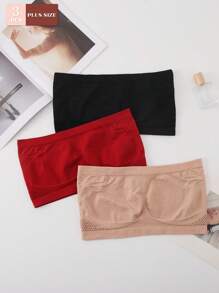 Set de 3 piezas de ropa interior de mujer con diseños de plisado, estampado, calado y rejilla, sujetador bandeau de unicolor