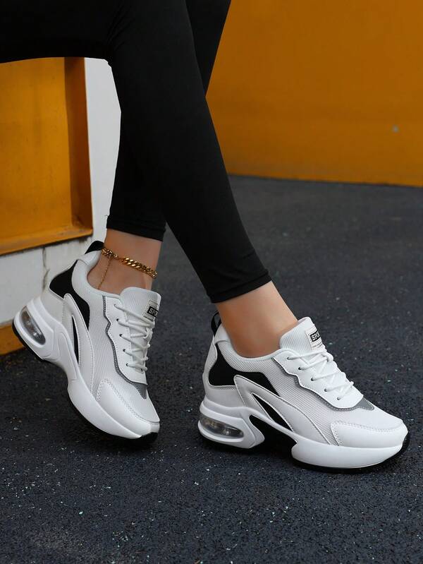 Women's Comfortable Hidden Wedge Round Toe Lace-Up Casual Sports Shoes, Lightweight Breathable Low-Top Everyday Versatile Sneakers With Cushioned Sole