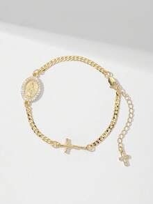1pc Classic Zirconia Copper Chain Two-Tone Virgin Mary & Jesus Cross Charm Bracelet, Suitable Gift For Mother, Valentine, Couple, Sibling, Friend, Everyday & Festive Wearing & Praying