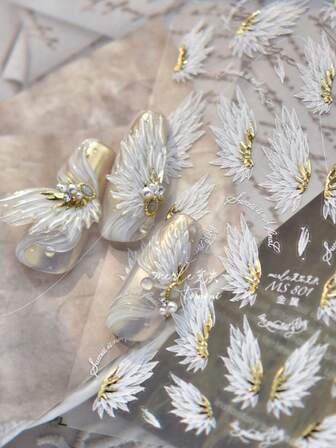 黑白天使翅膀美甲贴纸彩虹卡通设计带镀金自粘聚氨酯贴花适用于 DIY 美甲闪亮光泽饰面非常适合家庭或沙龙使用，指甲贴纸