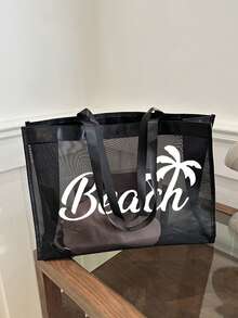 Large Capacity Net Bag Set, "Beach" Pattern Printed Net Bag, Mesh Beach Tote Bag, Mesh Cosmetic Bag, Foldable Large Capacity Swimming Beach Bag, Waterproof And Sandproof, Letter Decor Mesh Beach Tote Bag, Personalized Gift Bag, Mother's Day Gift For Girlfriend, Wife, Mother, Summer - Black - View 6