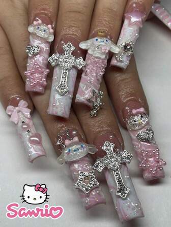  24 pegatinas de uñas de ataúd extra largas con diseños de Sanrio rosa ballet, Hello Kitty, cruz, estrella y corazón, adecuadas para uso diario de mujeres, fiestas, incluye 1 gel de uñas y 1 lima de uñas, uñas postizas, suministros para uñas