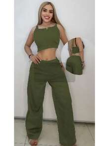 Two-Piece Linen Set Plain Elegant Knot Pocket - 軍綠色 - 查看 2