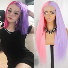 Gorgeous Pink Blonde Hair Synthetic Lace Front Wigs 26 Inch Pre Plucked Long Straight Hair Wigs Glueless Halloween Wigs Heat Resistant Natural Half Pink Half Blonde Straight Lace Front Wigs For Women For Daily Christmas Party Cosplay Use - Hồng Tím - Xem 3
