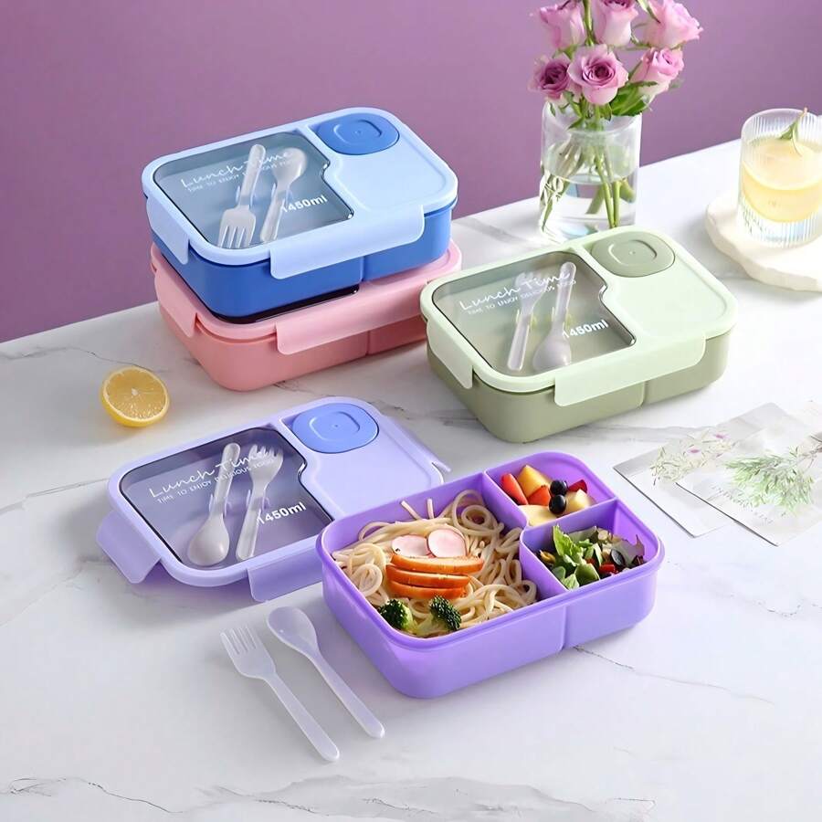 1pc Adult Lunch Box, 1450ml Adult Lunch Box, Leak Proof Lunch Box With Utensils, 3-Compartment Lunch Box, Microwave Heating, Four-Color Optional