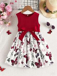 Mädchen Kleid mit Schmetterling & Blumen Ärmelloser Schleifenapplikation, Elegante Mode, geeignet als Outdoor-Bekleidung Frühling/Herbst, kann als Geschenk gegeben werden