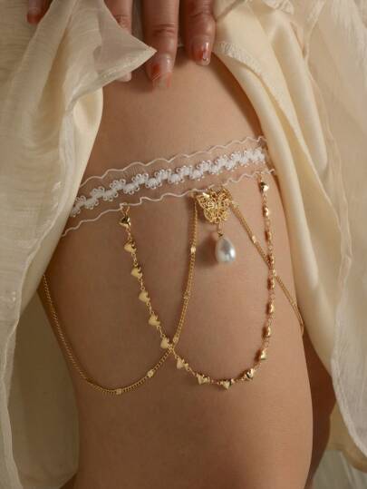 1 peça de corrente de perna de noiva com pingente de borboleta e coração e renda branca e dourada