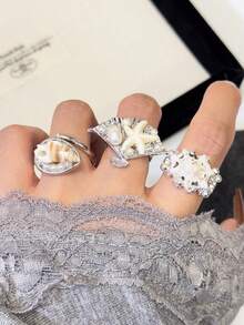 1 件时尚、优雅、独特设计的夸张海洋系列防水不对称人造海星和贝壳装饰珍珠堆叠戒指，适合男士和女士，非常适合夏季假期/日常/派对/沙滩装，送给朋友和姐妹的完美礼物 - 彩色 - 查看 9