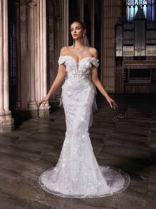 QOQ Vestido de novia romántico de alta gama para bodas de verano, vestido formal de mujer para bodas dulces, fiestas de moda, bodas al aire libre. Vestido de novia blanco con hombros descubiertos y sin tirantes con encaje