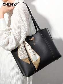 CHISIY Original Handmade Solid Color Golden Bean Letter Plaid Scarf, Contrast Color Synthetic Leather Tote Bag, Elegant Business Large Capacity Women Commuter Bag, Casual Simple Lady Underarm Bag, Fashion Lady Shoulder Bag, Gift For Valentine's Day, New Year, Suitable For Office Lady, Business Woman, College Student, Dating, Shopping, Travel, All Season